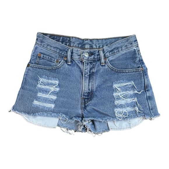 Levi’s 550 Printed Back Pockets Distressed Jean Denim Raw Fringe Shorts Size 29 - Picture 2 of 7